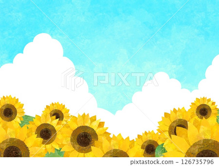 A refreshing summer landscape illustration of a sunflower field and blue sky A refreshing summer landscape illustration of a sunflower field and blue sky 126735796