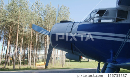 Vintage Blue Biplane Parked Near a Forest During Clear Weather on a Sunny Afternoon 126735887