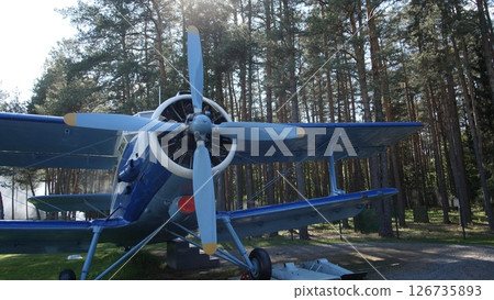 Vintage Biplane Parked Among Tall Trees in a Serene Forest Setting, Showcasing Its Detailed Propeller and Vibrant Blue Color Under Bright Sunlight 126735893