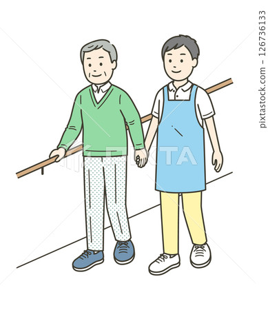 一位老人和一位護理人員扶著扶手練習微笑行走的插圖 126736133