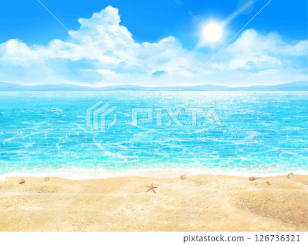 夏日沙灘和貝殼-美麗的度假海灘框架插畫背景材料與藍天和大海與陽光和雲彩 夏日沙灘和貝殼-美麗的度假海灘框架插畫背景材料與藍天和大海與陽光和雲彩 126736321
