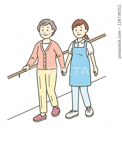 一位老年婦女和一位女性護理人員練習扶著扶手微笑行走的插圖 一位老年婦女和一位女性護理人員練習扶著扶手微笑行走的插圖 126736352