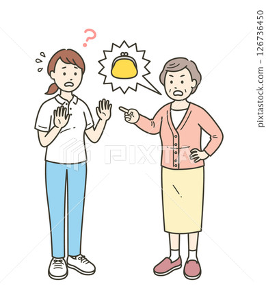 Illustration of an angry elderly woman who is delusional about her wallet being stolen and a confused caregiver 126736450