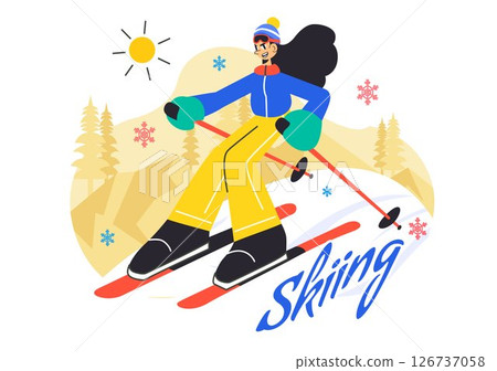 Skiing Vector Illustration Featuring Skiers Sliding Down a Snowy Mountain at a Ski Resort in Winter Sports Activities in a Flat Style Background 126737058