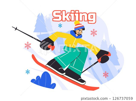Skiing Vector Illustration Featuring Skiers Sliding Down a Snowy Mountain at a Ski Resort in Winter Sports Activities in a Flat Style Background 126737059