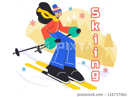 Skiing Vector Illustration Featuring Skiers Sliding Down a Snowy Mountain at a Ski Resort in Winter Sports Activities in a Flat Style Background 126737062