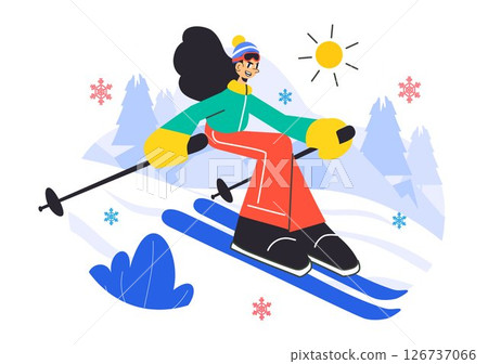 Skiing Vector Illustration Featuring Skiers Sliding Down a Snowy Mountain at a Ski Resort in Winter Sports Activities in a Flat Style Background 126737066