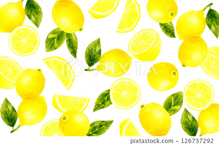 Lemon background with leaves Fruit hand-painted watercolor illustration material 126737292