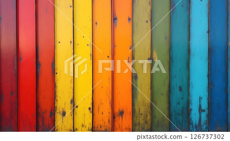 brightly painted wood planks with a red, yellow, green, and blue stripe, 126737302