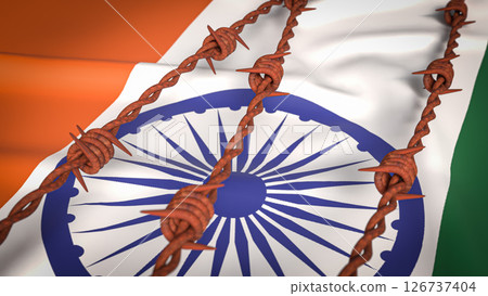 The India flag and Barbed wire image 3d Rendering. The India flag and Barbed wire image 3d Rendering. 126737404