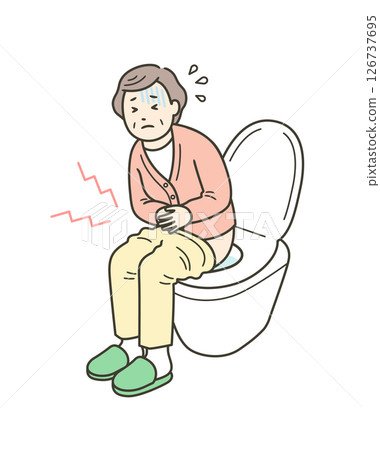 一名老年婦女因腹瀉或便秘而腹痛被困在廁所裡的插圖 126737695