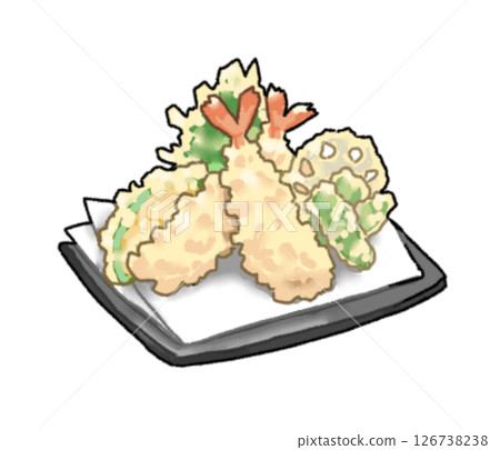 Shrimp, lotus root, shishito pepper, pumpkin and perilla leaf tempura 126738238