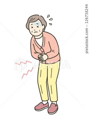 一位老年婦女因腹痛摀著肚子的插圖 126738244