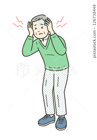 Illustration of an elderly man suffering from a headache and holding his head Illustration of an elderly man suffering from a headache and holding his head 126738449