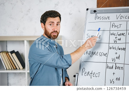 Male tutor standing next to whiteboard. Man teaching foreign language at class. Tutoring, study language concept. Male tutor standing next to whiteboard. Man teaching foreign language at class. Tutoring, study language concept. 126738459
