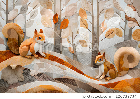 Forest landscape with squirrels (fantasy illustration) 126738734