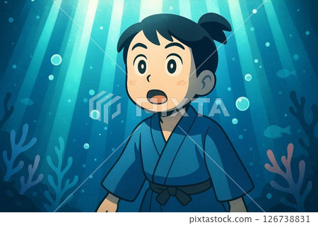A fantasy scene of Urashima Taro opening his eyes wide underwater 126738831