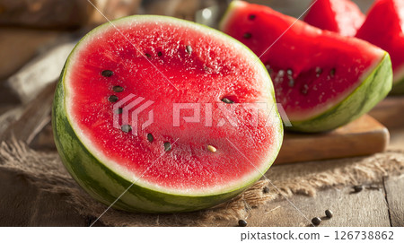 Freshly sliced watermelon served on wooden table Freshly sliced watermelon served on wooden table 126738862