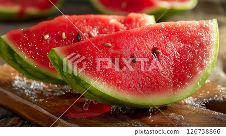 Refreshing watermelon slices on a wooden surface 126738866