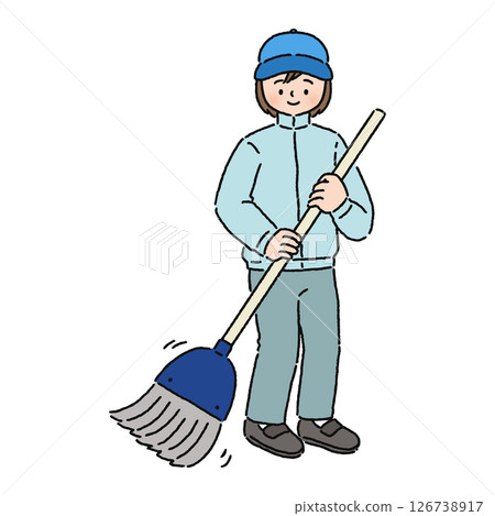 一名婦女用掃帚掃地 126738917