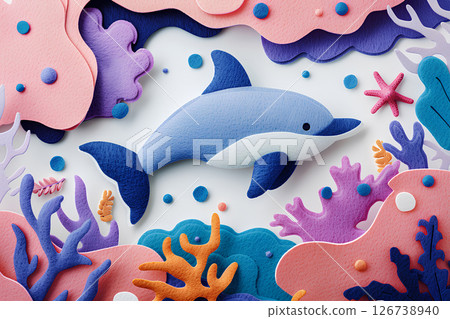 海豚和珊瑚的奇幻插畫-1 126738940