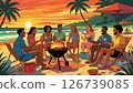 Enjoying a barbecue by the sea with the evening sun in the background 126739085