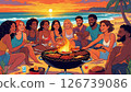 Enjoying a barbecue by the sea with the evening sun in the background 126739086