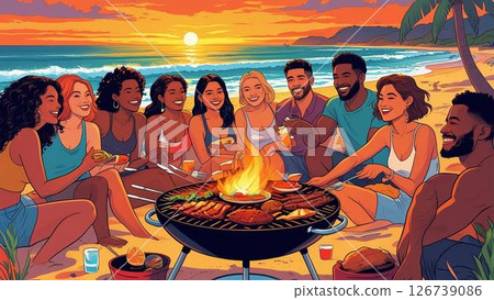 Enjoying a barbecue by the sea with the evening sun in the background 126739086