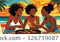 Enjoying a barbecue by the sea with the evening sun in the background 126739087