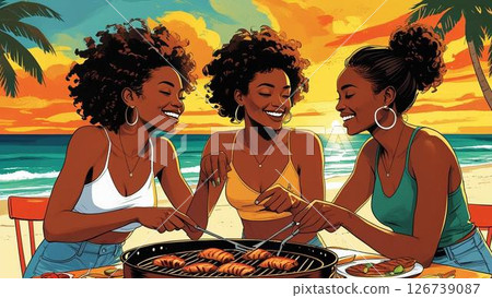 Enjoying a barbecue by the sea with the evening sun in the background 126739087