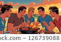 Enjoying a barbecue by the sea with the evening sun in the background 126739088