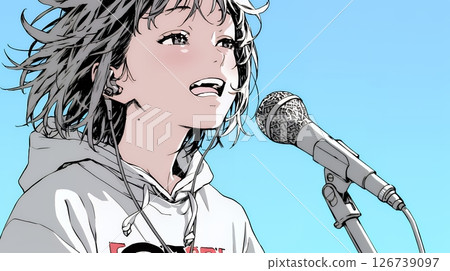 A woman holding a microphone on stage and singing passionately 126739097