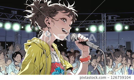 A woman holding a microphone on stage and singing passionately A woman holding a microphone on stage and singing passionately 126739104