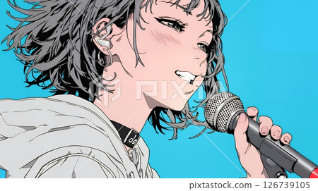 A woman holding a microphone on stage and singing passionately 126739105