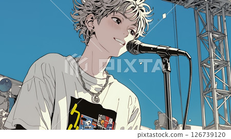 A man holding a microphone on stage and singing passionately 126739120