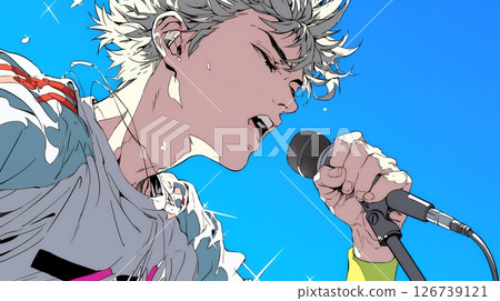 一名男子在舞台上手持麥克風,熱情地演唱 一名男子在舞台上手持麥克風,熱情地演唱 126739121