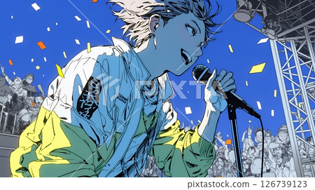 A man holding a microphone on stage and singing passionately A man holding a microphone on stage and singing passionately 126739123