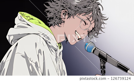 A man holding a microphone on stage and singing passionately A man holding a microphone on stage and singing passionately 126739124