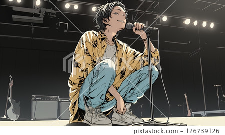 A man holding a microphone on stage and singing passionately 126739126