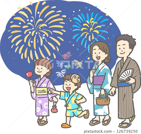 一家人穿著浴衣觀看煙火的插圖 126739250