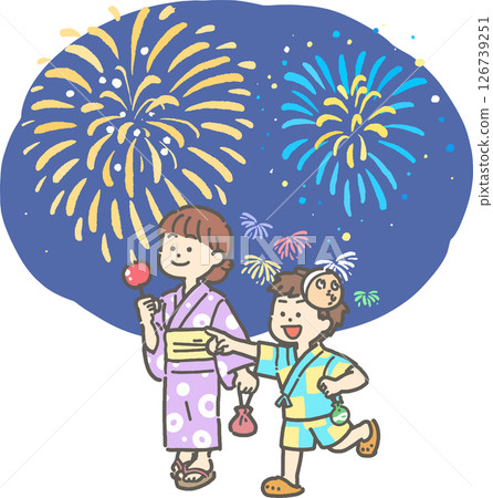 穿著浴衣的孩子觀看煙火的插圖 126739251