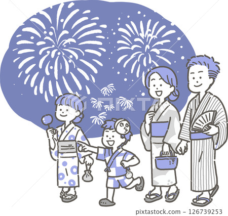 一家人穿著浴衣觀看煙火的插圖 126739253