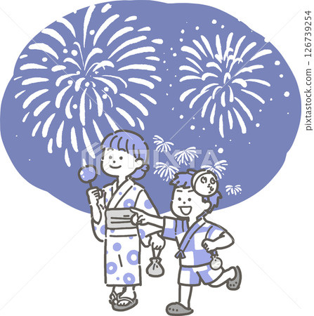 Illustration of a child wearing a yukata watching fireworks 126739254