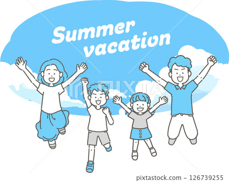 Illustration of a family of four jumping against a blue sky background 126739255