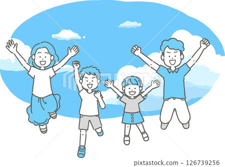 Illustration of a family of four jumping against a blue sky background Illustration of a family of four jumping against a blue sky background 126739256