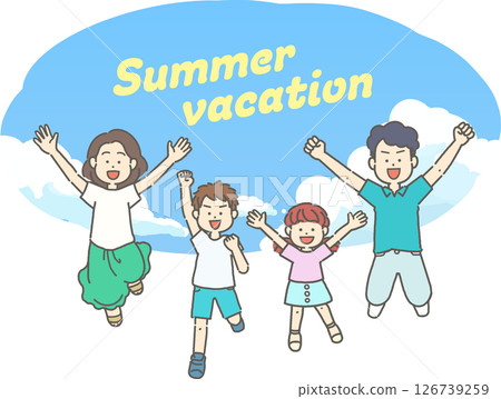 藍天背景下一家四口跳躍的插圖 126739259