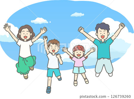 藍天背景下一家四口跳躍的插圖 126739260