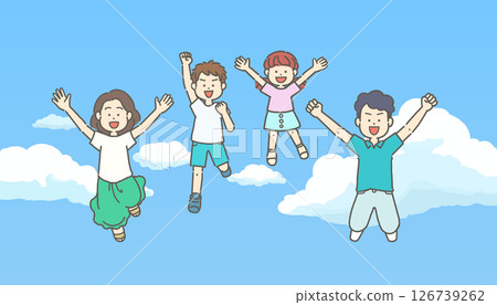 Illustration of a family of four jumping against a blue sky background Illustration of a family of four jumping against a blue sky background 126739262
