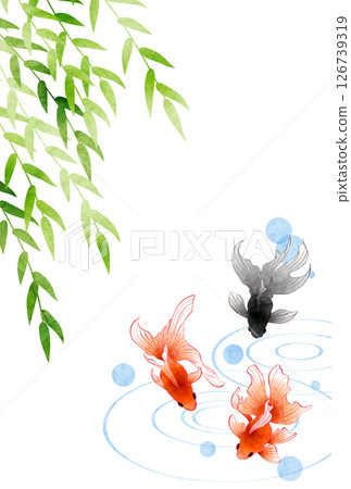 Summer greeting card, goldfish, willow, cute, illustration, vertical Summer greeting card, goldfish, willow, cute, illustration, vertical 126739319