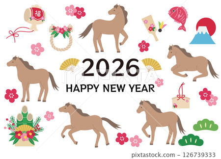 New Year's card template for the Year of the Horse 2026. Horse, cute, lucky charm, vector, horse New Year's card template for the Year of the Horse 2026. Horse, cute, lucky charm, vector, horse 126739333
